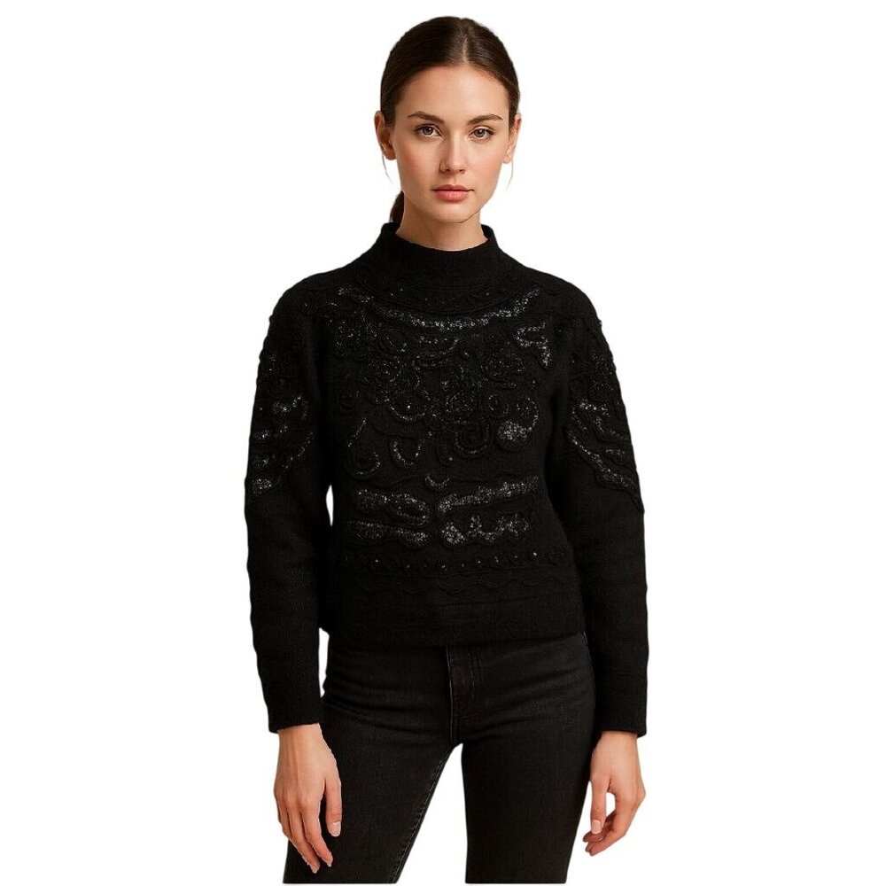 Vintage 1980s Small Erez Black Beaded Angora Lambswool Sweater New Old Stock‎